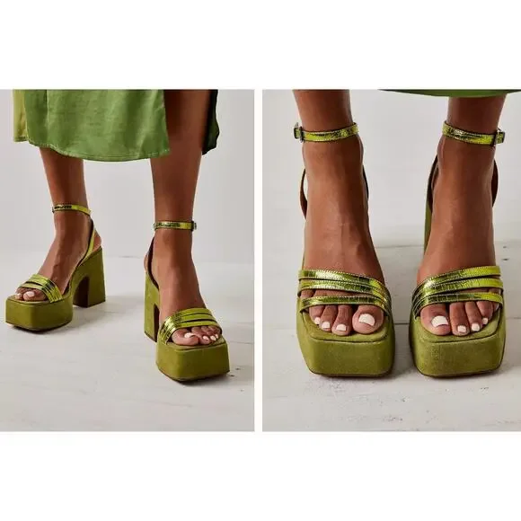 Free People Samara Heels Platform Chunky Ankle Strap Green Size 8 Vicenza - Picture 7 of 7